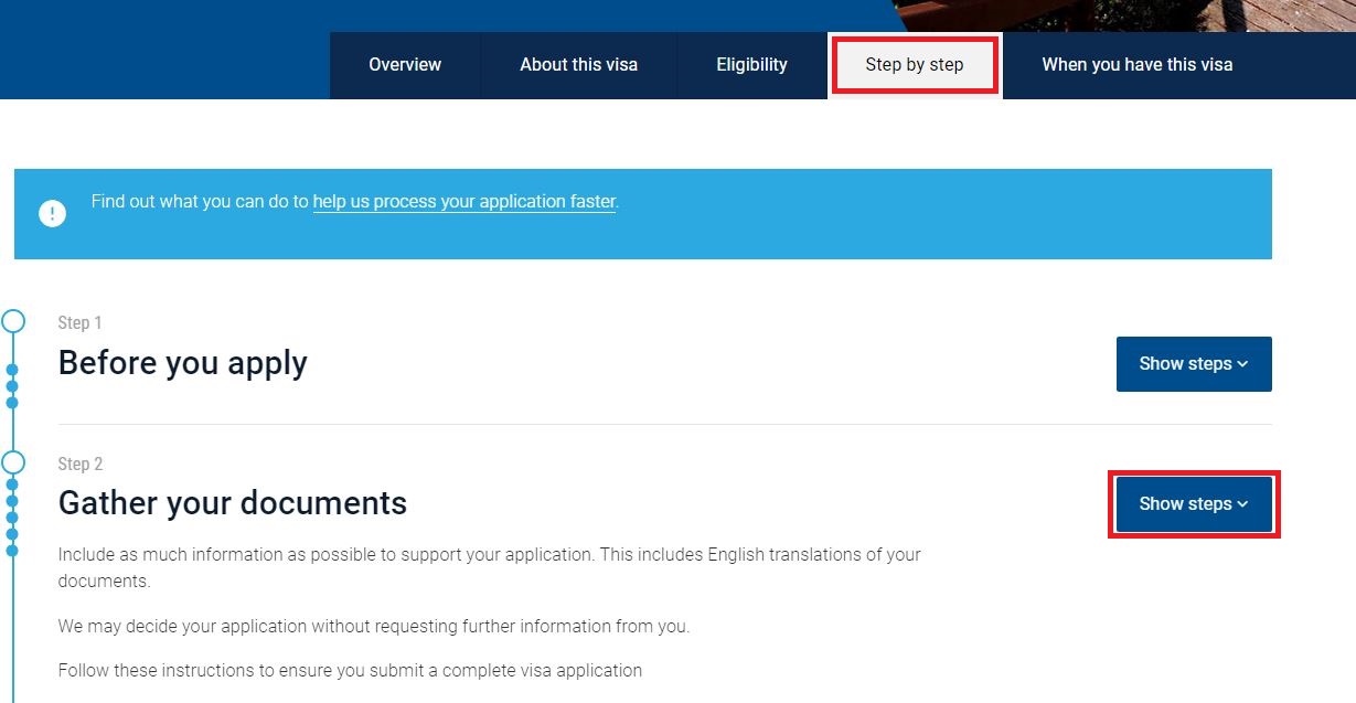 screenshot of "Step-by-Step" tab showing the "Gather your documents" section